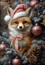 FOX PINK SANTA HAT ART PRINT, Christmas Tree Poster, Holiday Decor, Wolf E551