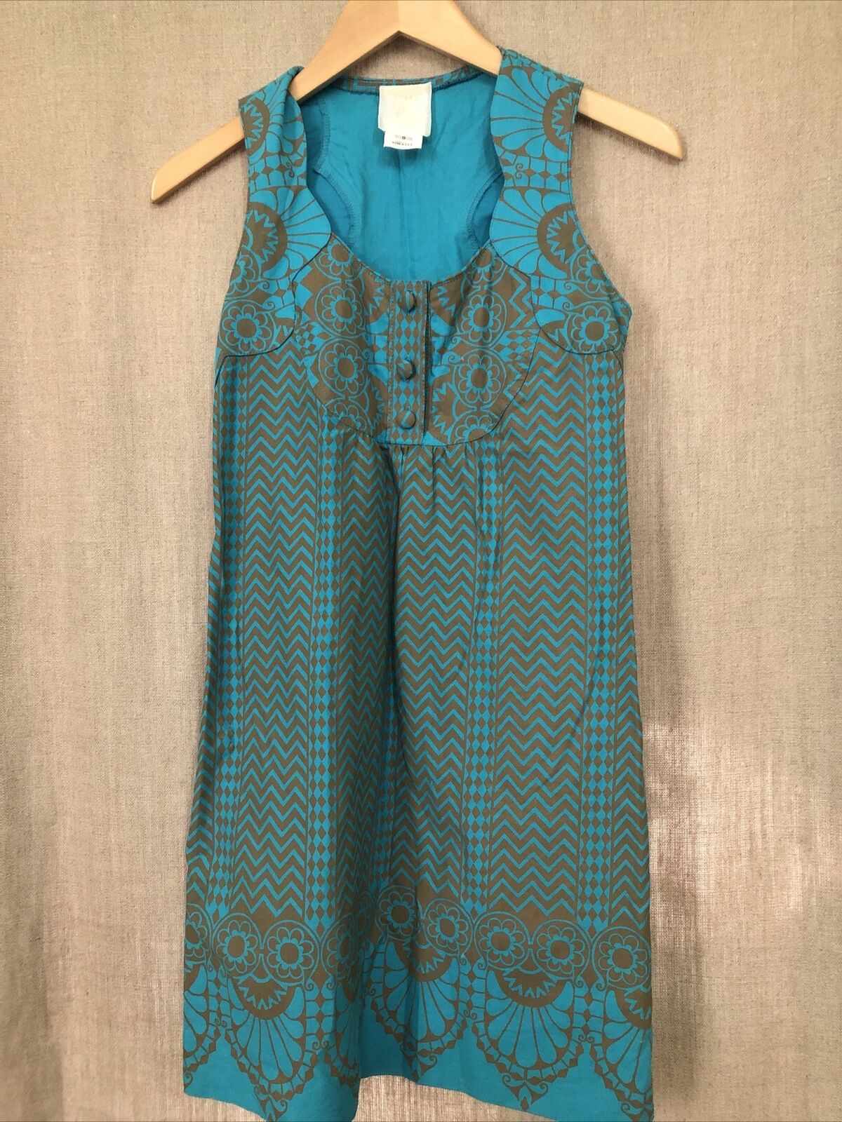 Anthropologie Anna Sui Teal Brown Printed Sleevel… - image 1