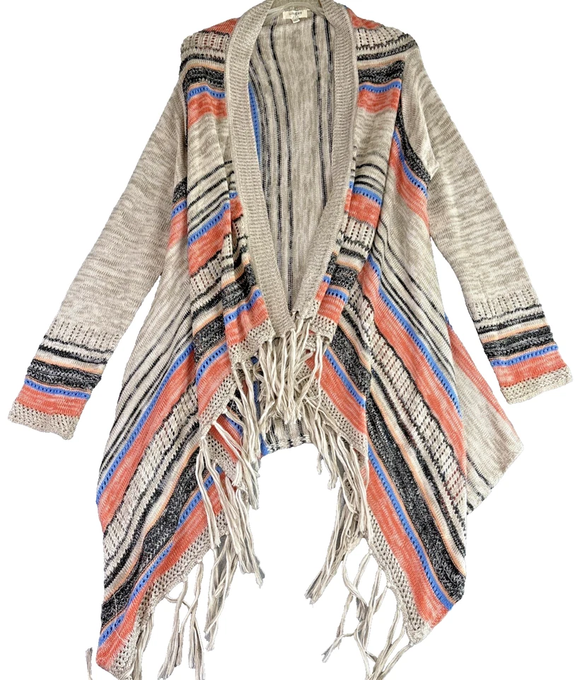 Cárdigan Umgee Mediano Flecos Frente Abierto Rayas Tostado Naranja Azul Suéter Suroeste Foto 2 de 4