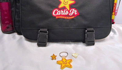 Carl's Jr Memorabilia Key Chain, Pens, Happy Star Pin, Sprmn Pin, Wtr Bttl &Bag
