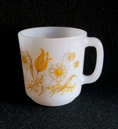 MCM Glasbake Vintage Yellow Floral Milk Glass Coffee Cup/ Mug Mid Century Modern
