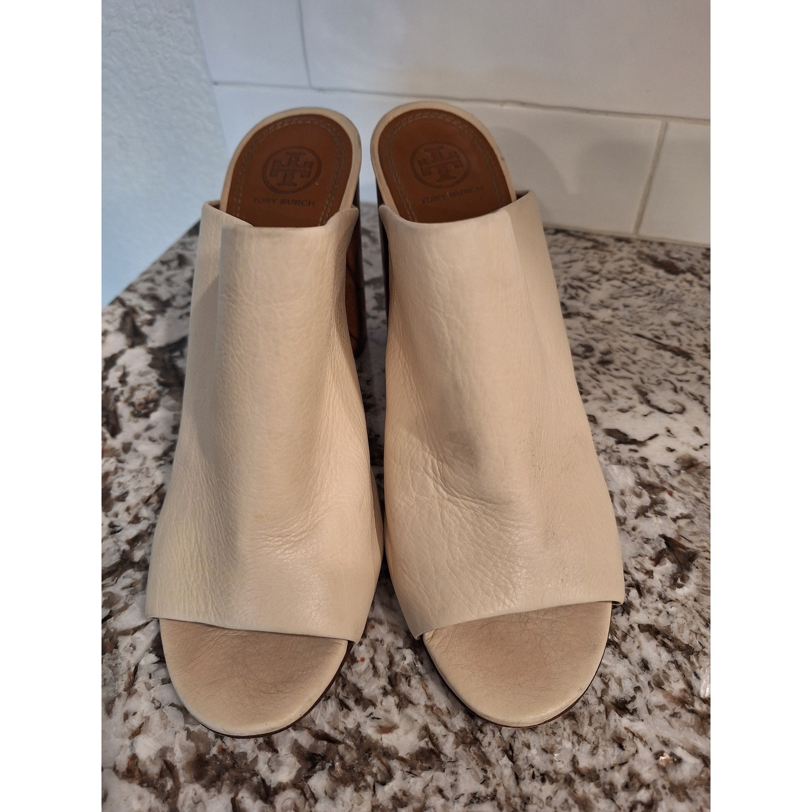 Tory Burch Raya Cream LEATHER Open Toe Slip On Wood Block Heels Mule Size 10M