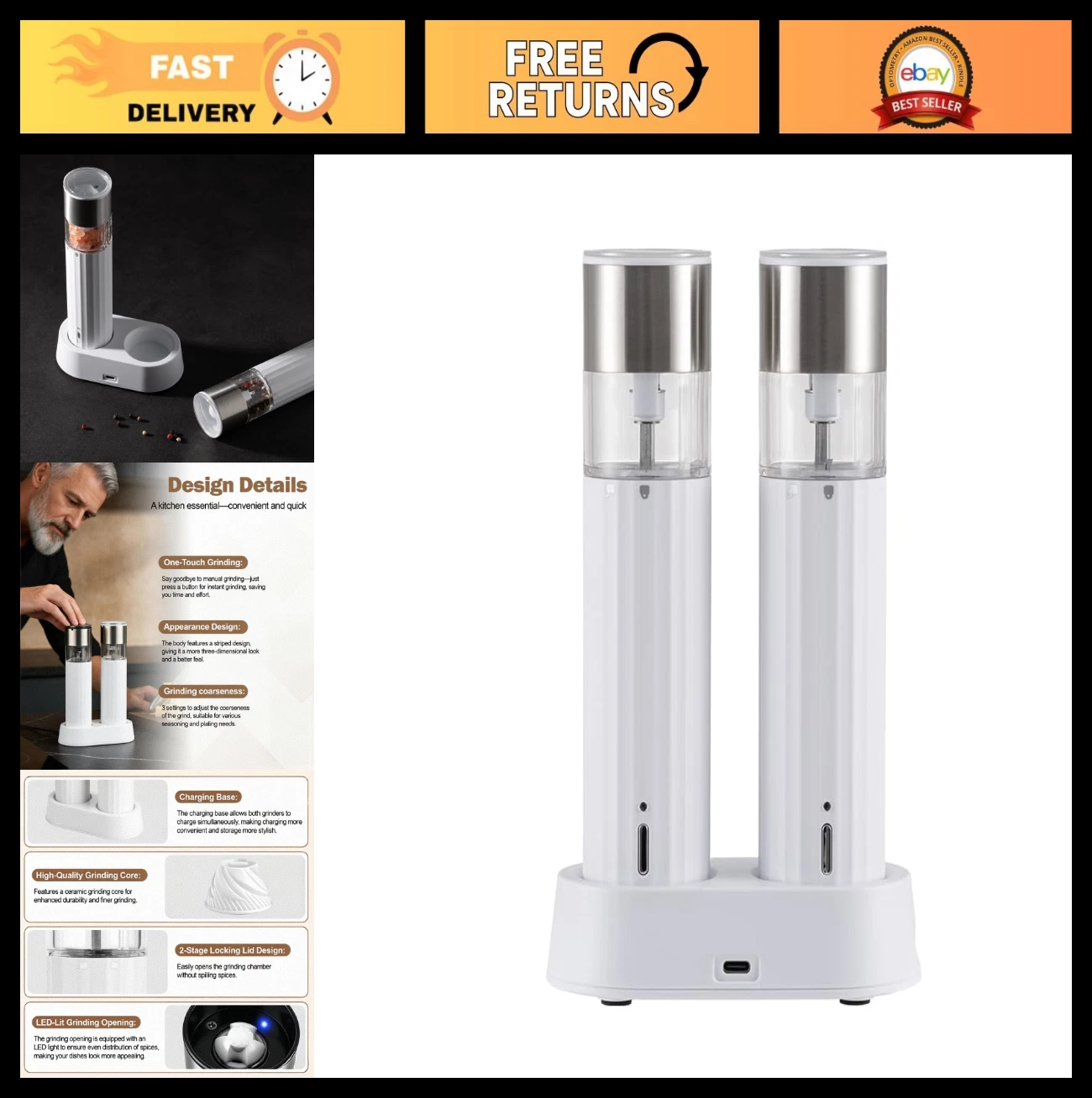 Rechargeable Electric Salt & Pepper Grinder Set - Adjustable Coarseness, 2-Pack,
