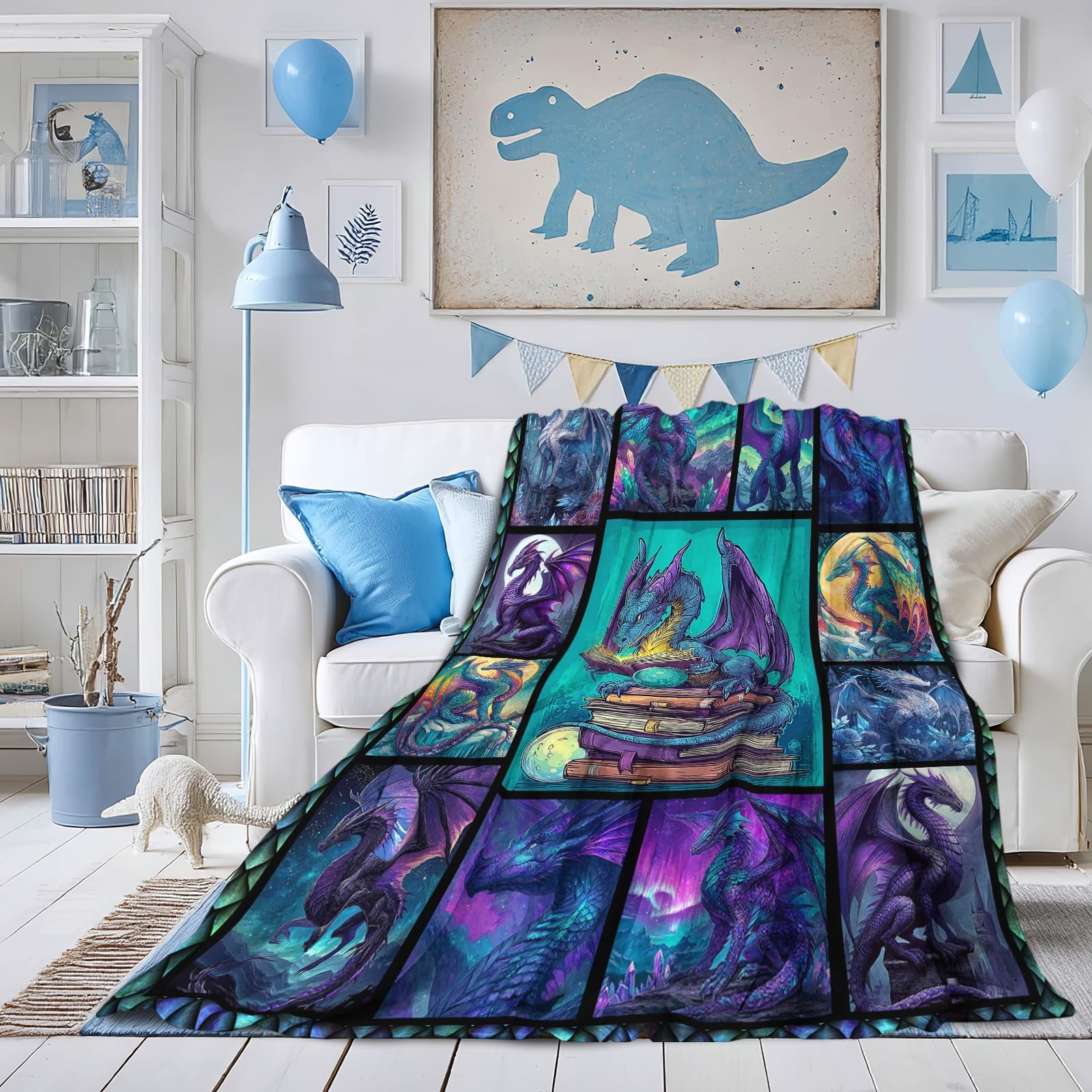 Dragon Blanket Gifts for Boys Girls Adults, Dragon Reading Book Bookshelf Thr...