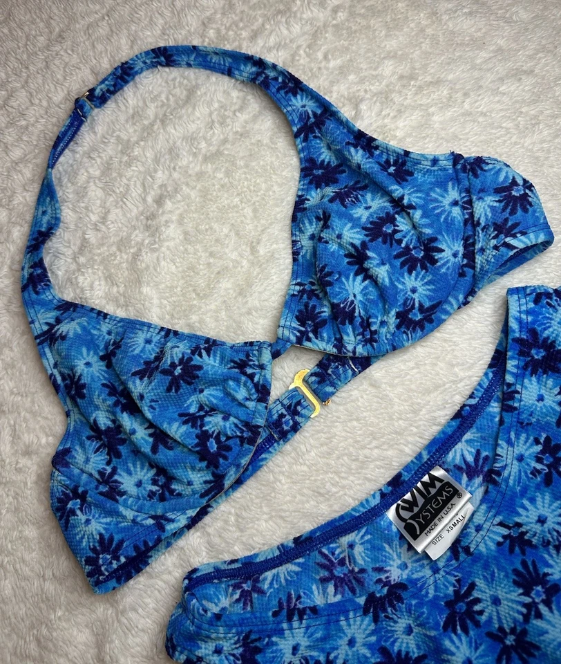 De Colección Años 90 Floral Azul Bikini Sistemas de Natación EE. UU. Mujer’s Talla XS/34 2 piezas Conjunto Corte Alto Foto 2 de 4
