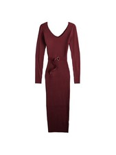 ALMOST FAMOUS Womens Midi Dress Burgundy Belted Long Sleeve V-back Juniors L