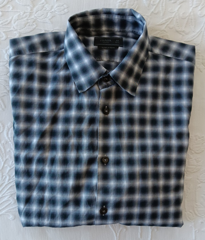 Prada Shirt Mens 40 15-3/4  Dk Blue optic Check cotton-EUC-SMALL fit