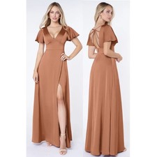 NWT Azazie Lani Stretch Satin Flounce Sleeve A-Line Dress Bronzer Womens Size A2