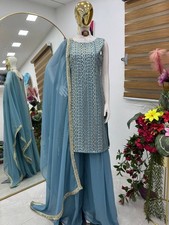 Beautiful Faux Georgette Top Palazzo With Powder Blue Dupatta For Function Wear
