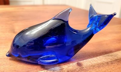 Cobalt Blue Hand Blown Glass Dolphin Figurine Paperweight