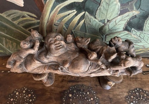 Hand Carved Ironwood Smiling, Reclining Buddha W/ Cast Of Characters/ Pedestal - Picture 2 of 5