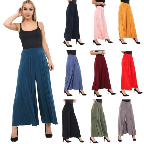 Señoras Arruga Plisado De Ancho Piernas Palazzo culotte verano informal Pantalones  Pantalones | eBay