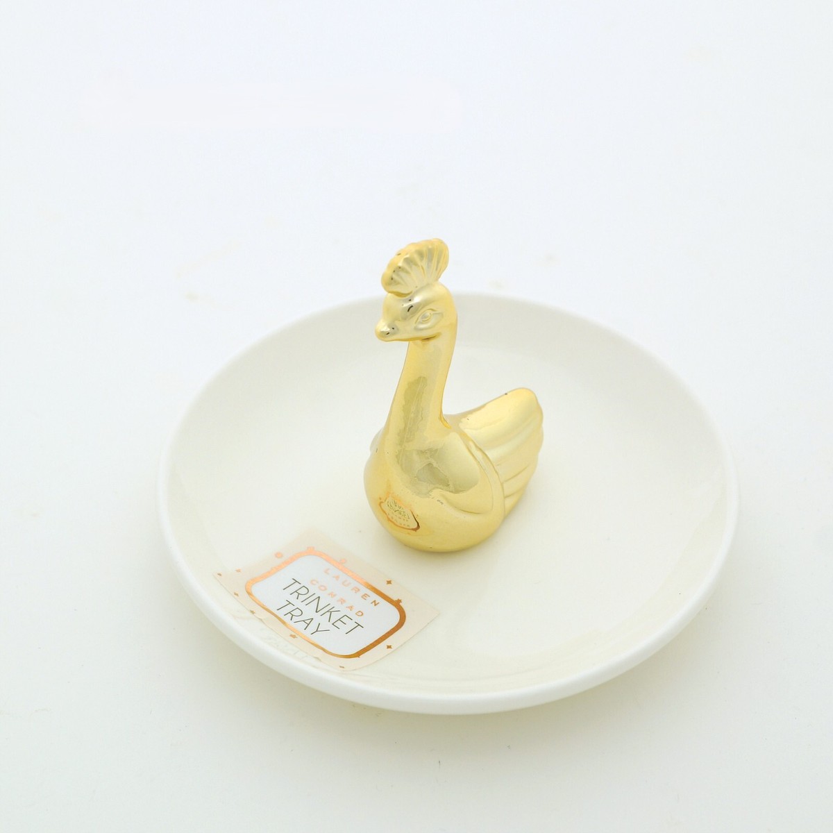 LAUREN CONRAD Ceramic WHITE with GOLD PEACOCK Bird TRINKET TRAY