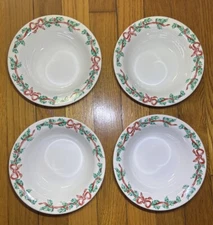 Set of 4 International Tableworks Christmas Ribbons 6 3/4" Cereal Bowls