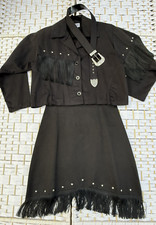 SASSA Vtg 90s Black Western Jacket Skirt Suit w/Fringe Size 13/14 Cowgirl Rodeo
