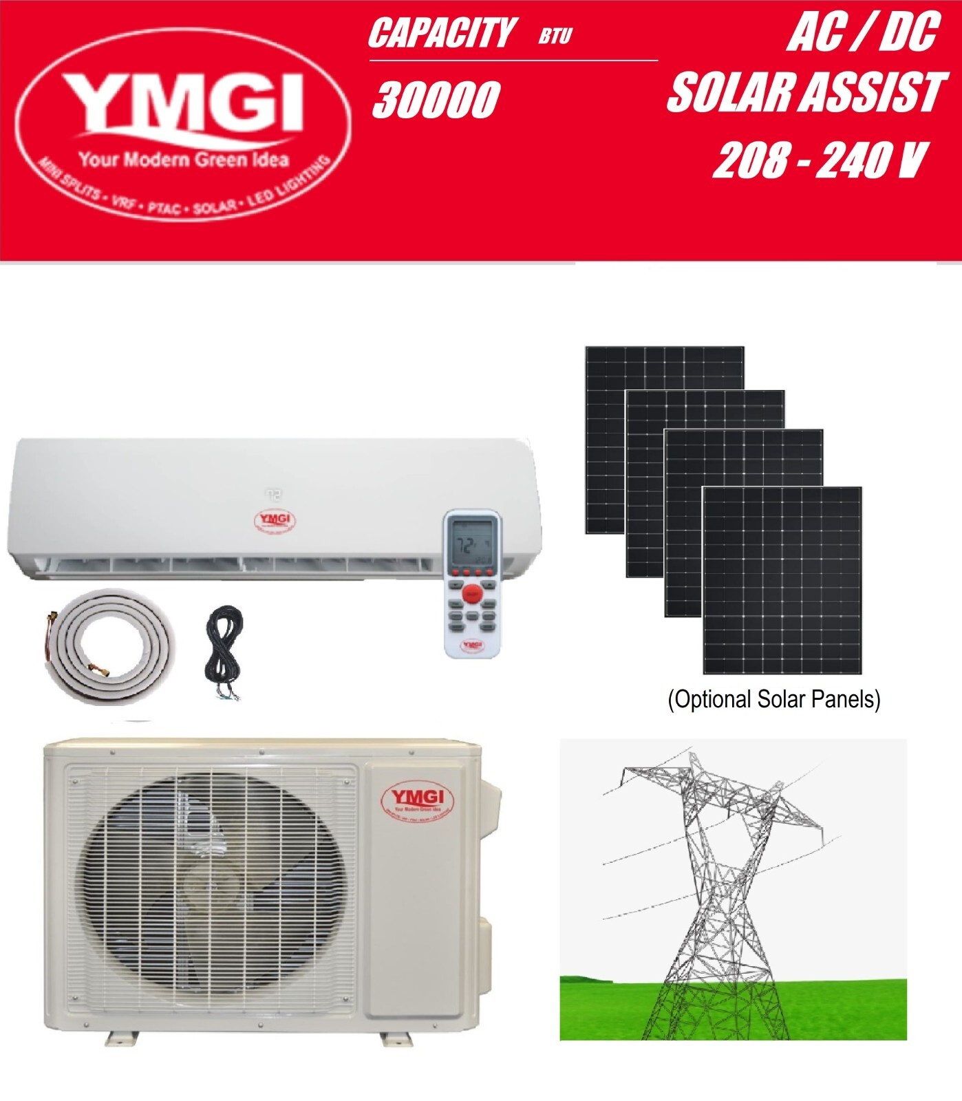 YMGI 30000 Btu Solar Hybrid Ductless Mini Split Air Conditioner Heat Pump  JA12 | Inox Wind