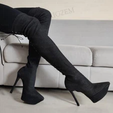 Women Over Knee High Boots Elastic Stiletto Heels Platform Boots Shoes Shoes