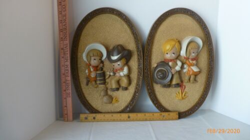 VTG Plastic 3D Western Wall Hanging Cowboy Cowgirl Oval Frame Nursery Decor 2 Pc - Picture 1 of 10