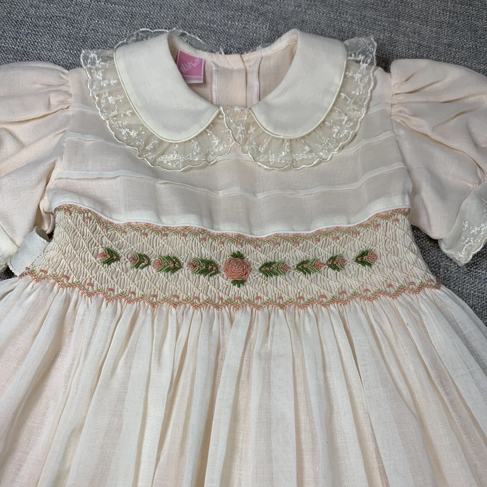 Vestido de fiesta vintage de los 90 para niñas talla 4 crema y coral gasa encaje en capas Foto 2 de 4