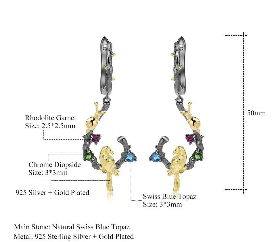 Pendientes colgantes de granate natural con topacio diopsido piedras preciosas gorrión pájaro rama Foto 4 de 4