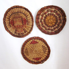 3 Vintage Hopi Pueblo Hand Woven Multi Colored Wicker Basket  Wall Plaques