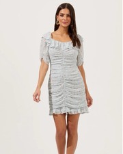 ASTR The Label Short Sleeve Ruffle Neck Ruched Dress Teal Multi Ditsy Women's XS