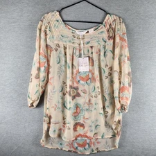 LC Lauren Conrad Blouse Womens Medium Cream Floral Pintuck Peasant 3/4 Sleeve