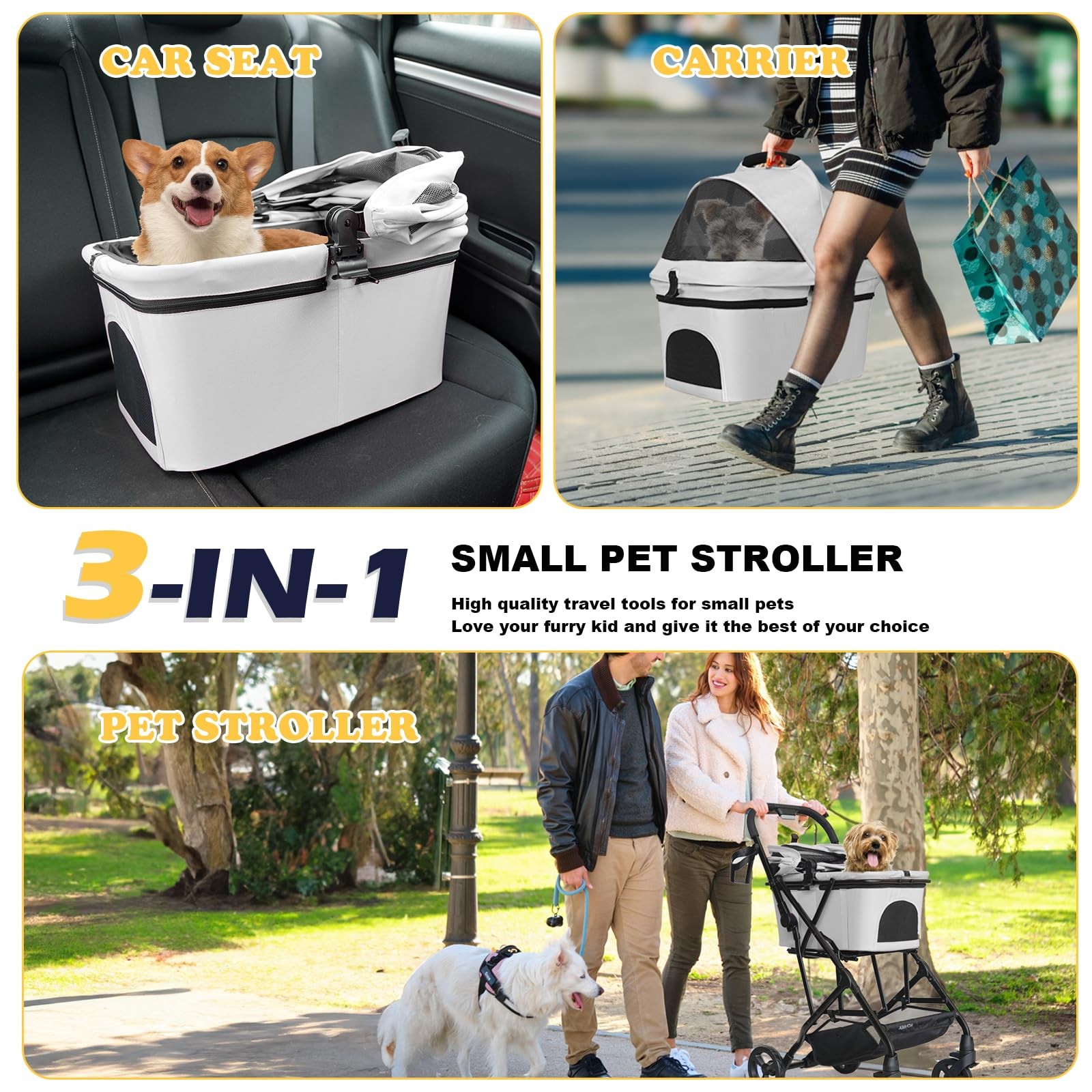 Dog Stroller for Small Dogs Cats Up to 33LBS, 3-in-1 Lightweight Foldable Pet...