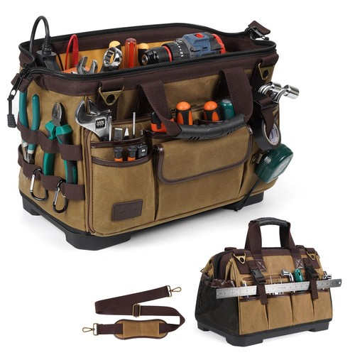 16 Inch Large Electrician Tool Bags for Men Heavy Duty, 31 Pockets Vintage Wa...