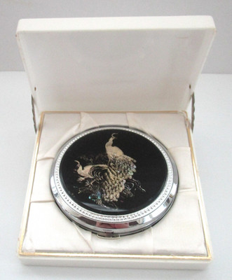 Vintage Elegance Deluxe Powder Compact, Peacock Design, Original Box