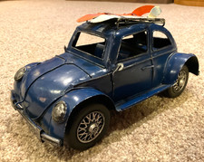 Metal VW Volkswagen Blue Tin Beetle Bug w/2 Surf Boards 10  x 5". Retro Car