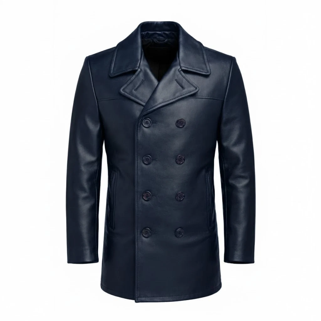 Handmade Blue Sheepskin Leather Peacoat | Double Breasted Men's Jacket