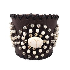 Chocolate Brown Leather Cuff Bracelet with White Howlite Stone  Silver Beads