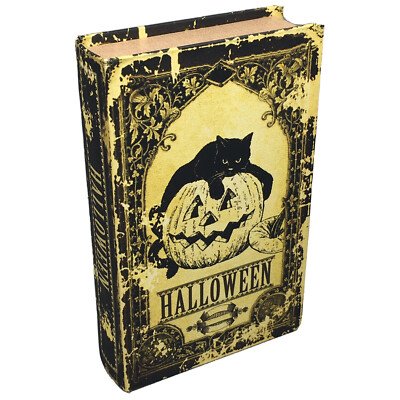 Halloween Black Cat Faux Book Stash Storage Box Jack-o-Lantern Decor Prop