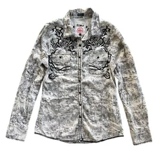 Roar Women’s Large Cream Black Rhinestone Fleur De Lis Pearl Snap Rafaela Blouse