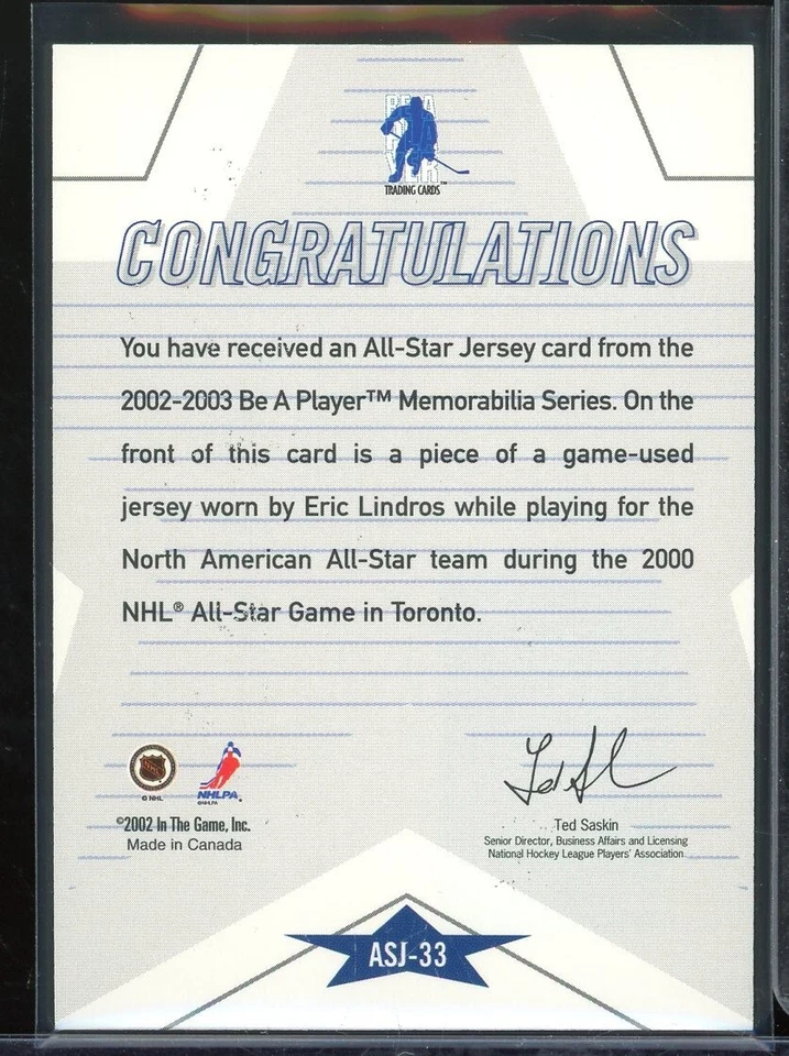 2002-03 BAP Memorabilia All-Star Jerseys #ASJ33 Eric Lindros **/90 - Image 2 of 2