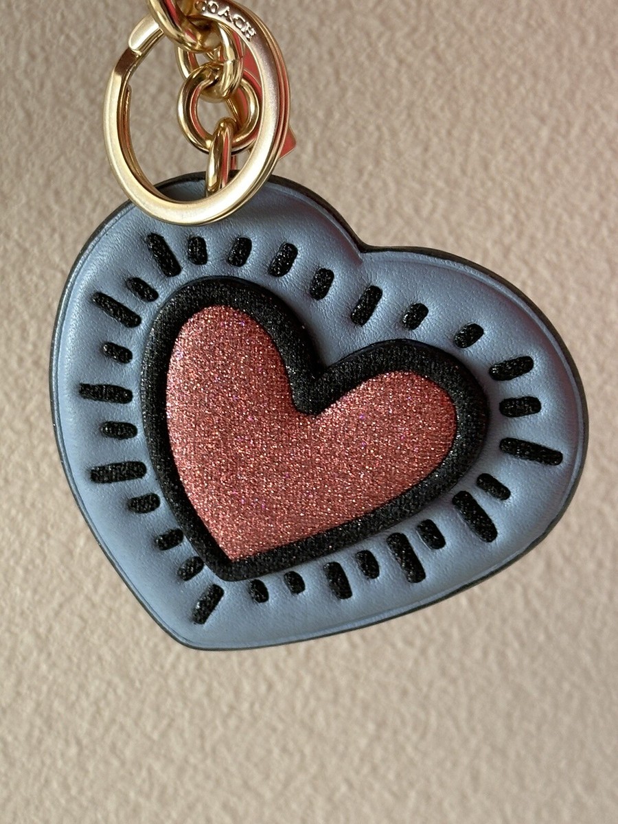 NEW COACH X KEITH HARING BLUE/PINK GLITTER HEART BAG CHARM KEY