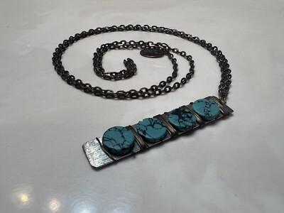 Zad Round Turquoise Wire Wrapped Bar Pendant Chain Necklace Silver Gold Long