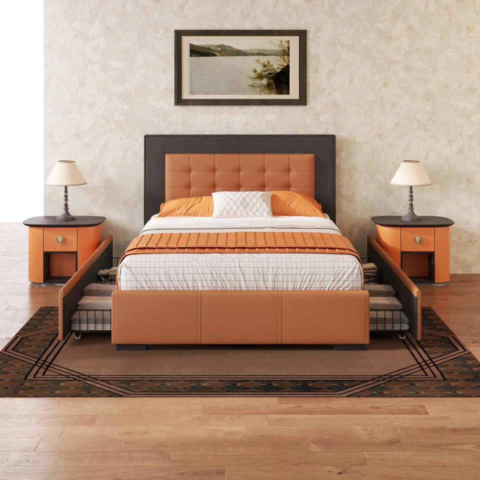 Modern Upholstered Queen Size Platform Bed Frame with 4 Drawers,Orange & Brown - Image 4 of 4