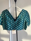 NWT Fabindia Teal & Gold Brocade Silk & cotton Saree Cropped Blouse V neck XL — photo 8