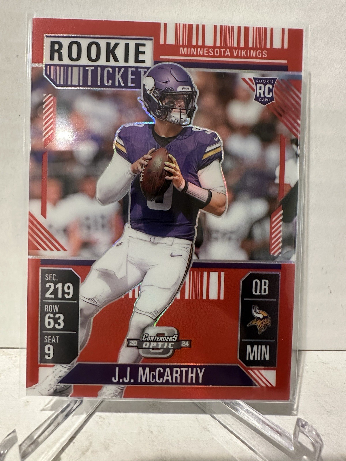 2024 Panini Contenders Optic-Rookie Ticket J.J. McCarthy #71 Red Prizm /199 (RC)