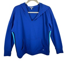 T By Talbots Featherweight Terry Blue Side Stripe Hooded Pullover Sweatshirt L