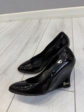 GUCCI Black Patent Leather Gucci Logo On Heel Wedge Pumps, Size 35