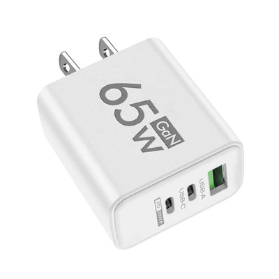 65W GaN USB-C Fast Charger   3-in-1 Multi-Port Quick Charge 3.0 Wall Adapter | E