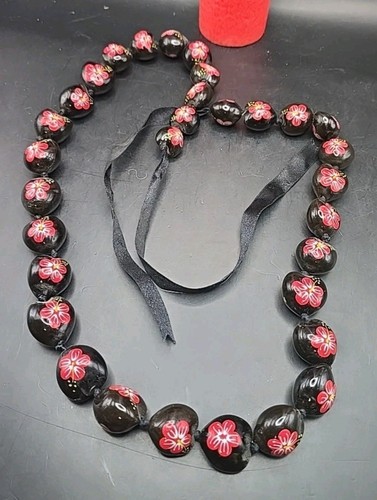 Hawaii Black Kukui Nut Red Hibiscus Flower Lei Necklaces 