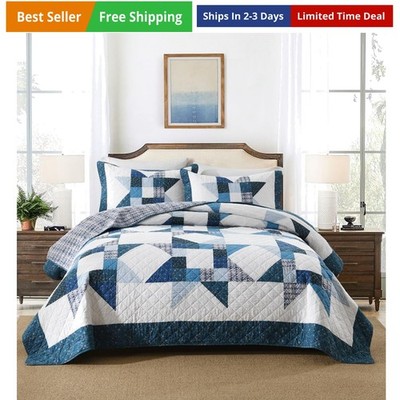 Cotton Quilt Bedding Sets 3 Pieces Soft Reversible Coverlets Luxury Star Real...