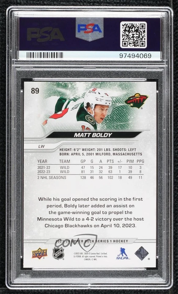 2023-24 Upper Deck Series 1 Outburst Red /25 Matt Boldy #89 PSA 9 MINT - Image 2 of 2