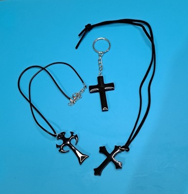 Handcrafted Resin 3-Piece Cross Set Necklace Bookmark Keychain Black Mica