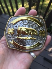 NEW 4H 4-H Trophy Belt buckle for swine, pigs, boar 22k Gold Plated.