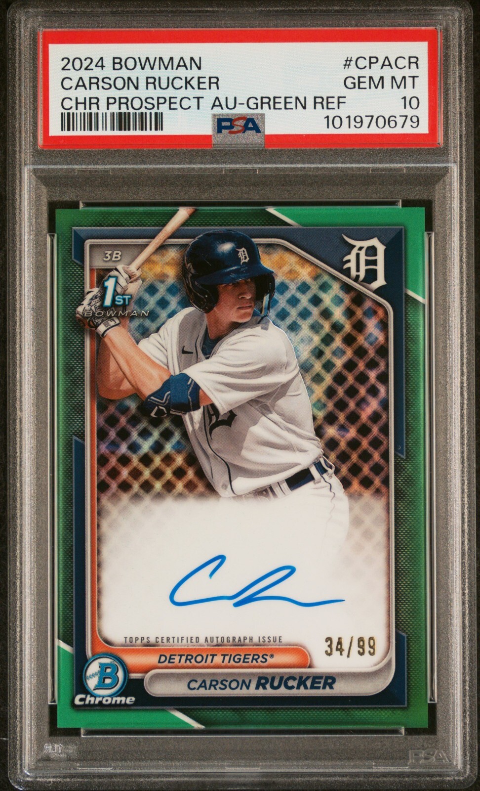 2024 BOWMAN CHROME PROSPECTS CARSON RUCKER GREEN REF AUTO #/99 #CPA-CR PSA 10